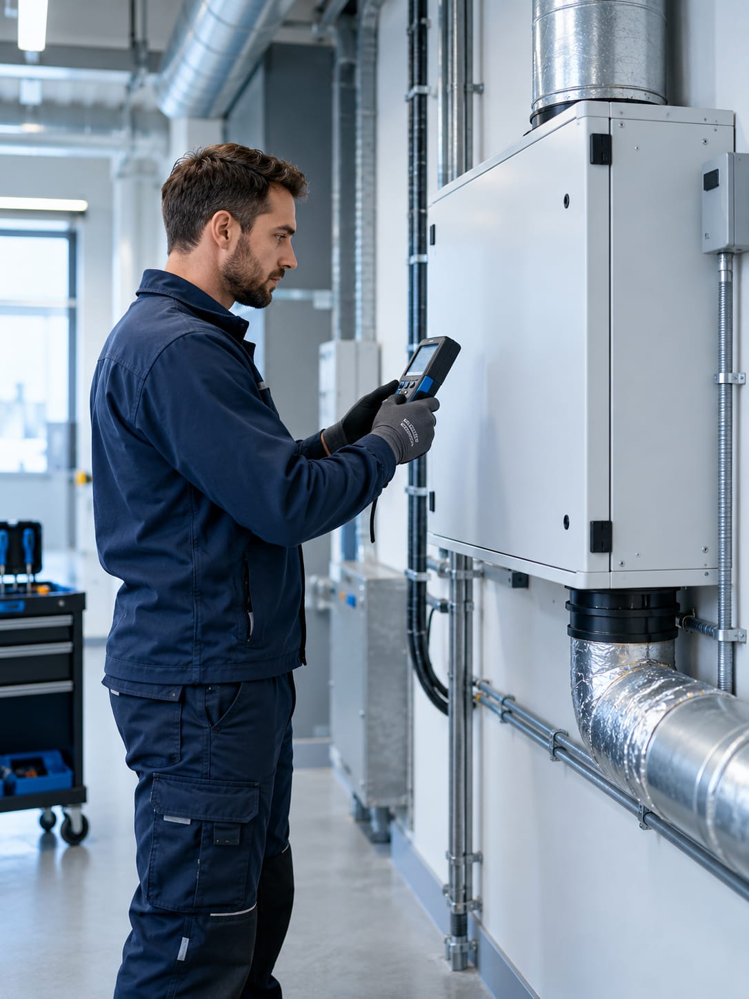 Maintenance engineer checking a ventilation unit with a diagnostic device