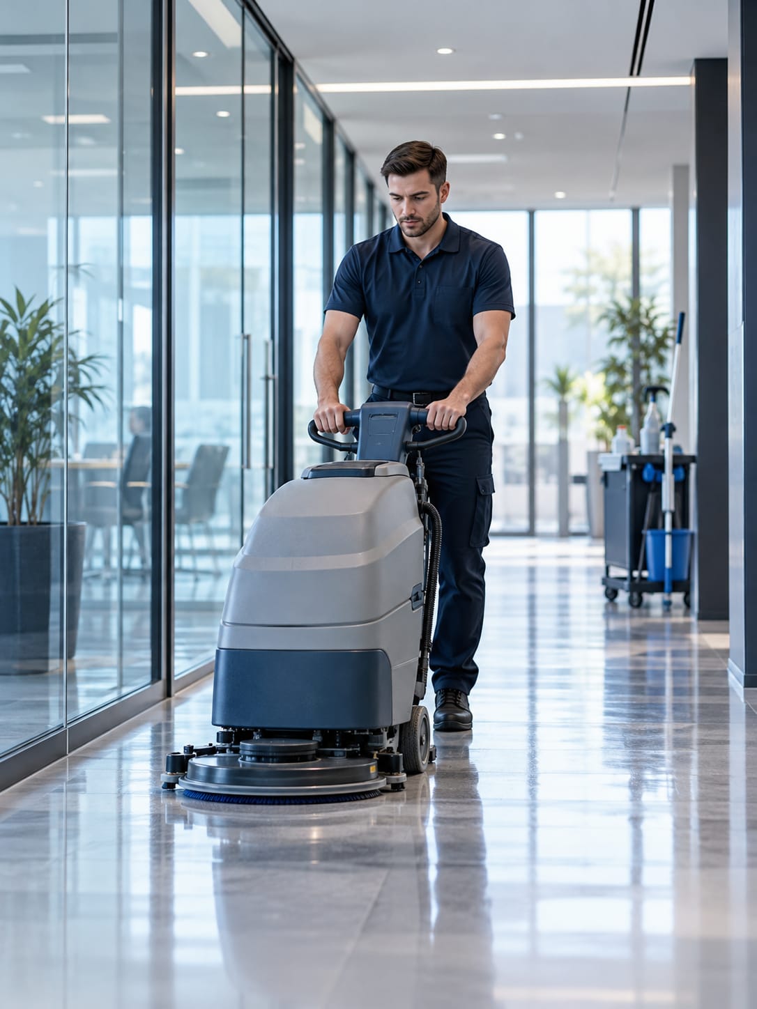 Commercial cleaner at work in an office corridor